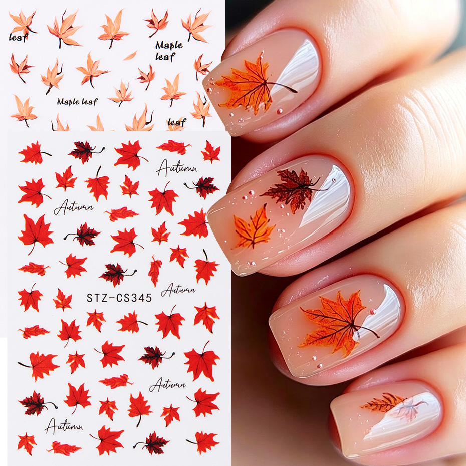 Nail Art Orange - 2pcs Watercolor Orange Red Maple Leaf