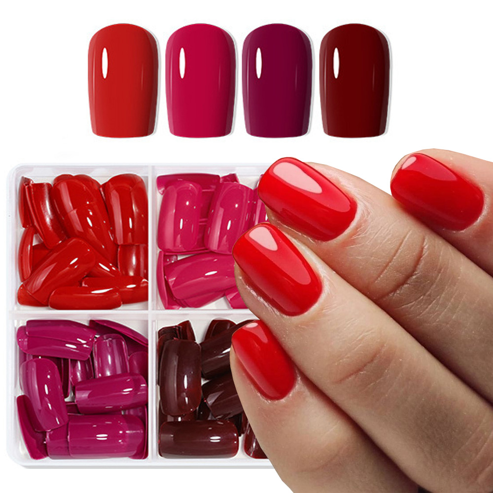 Nail Art Violet - 96pcs Solid Red Short Square Gel